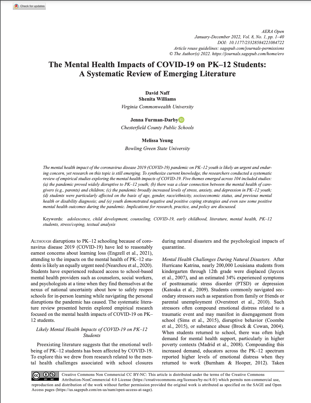 A screenshot of a MERC article in AERA Open about the mental health impacts of COVID-19